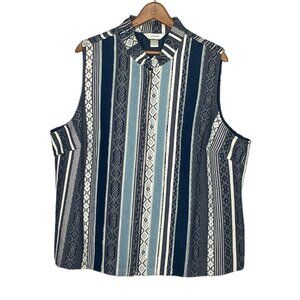 CJ Banks 1X Blue Denim Jean Striped Mixed Media Artsy Fringe Zip Front Vest Plus